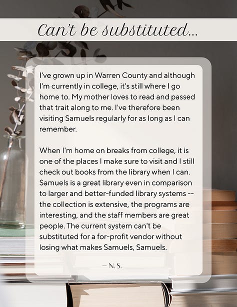Gallery of photos that include patron, community member, and visitor testimonials on what Samuels Library means to them