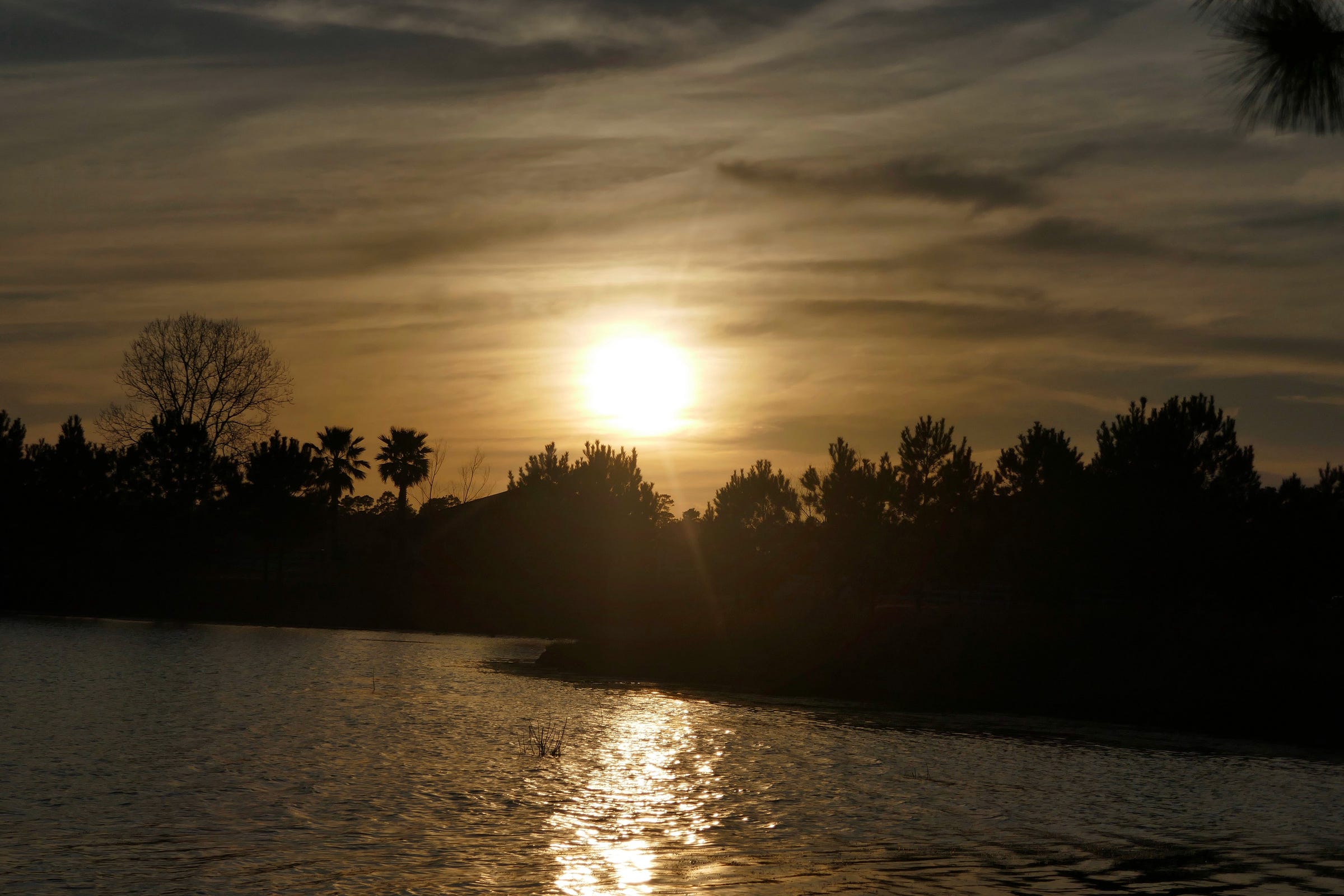 the sunset’s reflection on a lake at dusk creating a sepia tone and a hint of greyish-blue behind the clouds of the darkening sky