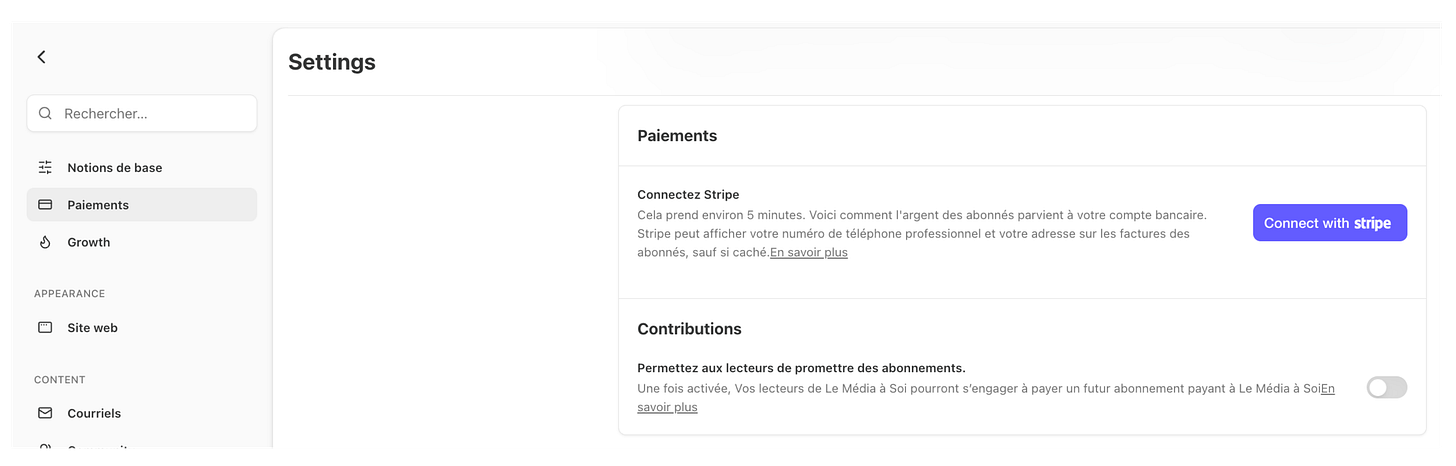 Paramètres de paiement Substack avec le bouton Connecter Stripe pour activer les abonnements payants.