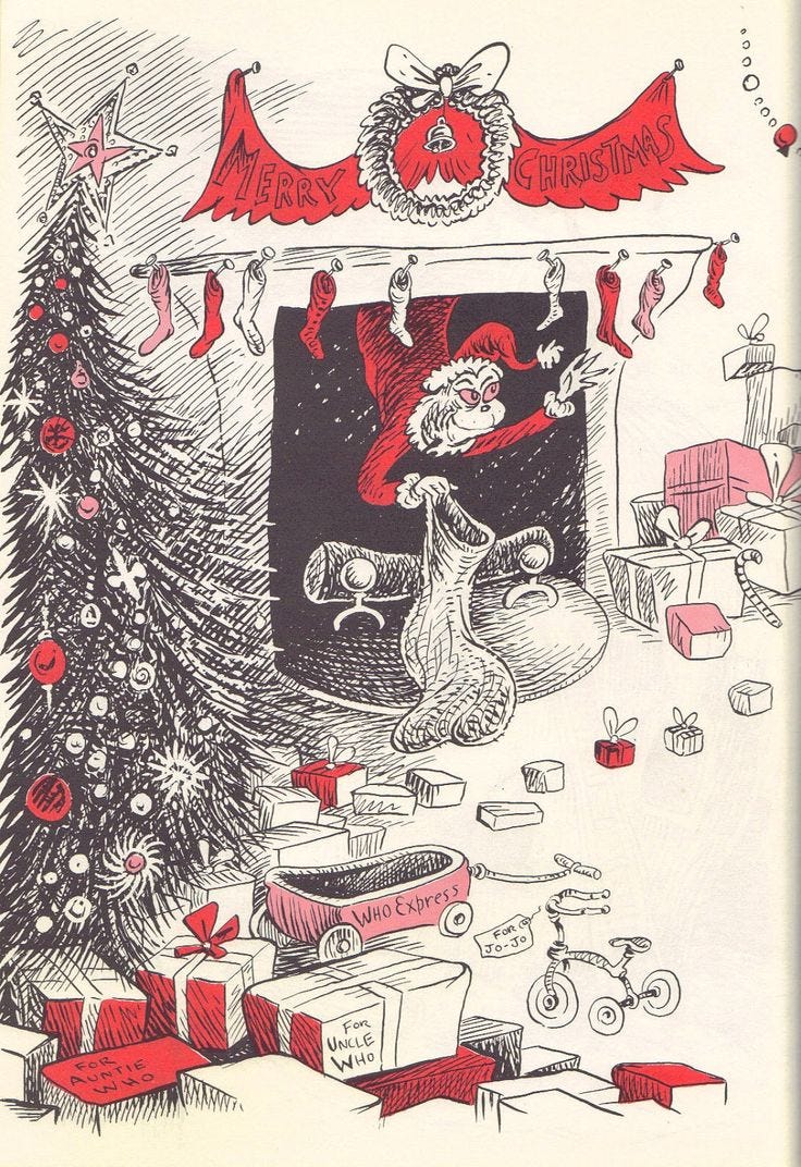 Seuss grinch illustration; the Grinch is haning upside down in the chimney preparing to steal stockings hanging on the fireplace; the room is filled with gifts, a tree, and decorations Seuss grinch illustration; the Grinch is haning upside down in the chimney preparing to steal stockings hanging on the fireplace; the room is filled with gifts, a tree, and decorations