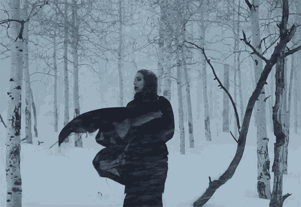 a woman in a black dress is standing in the snow surrounded by trees