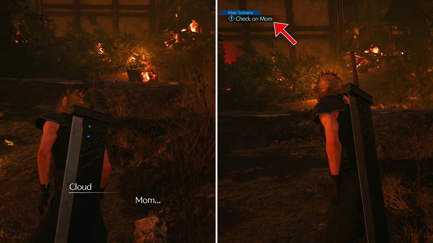 Cloud is worried about his mom and wants to check on her. Main scenario hint: Check on Mom