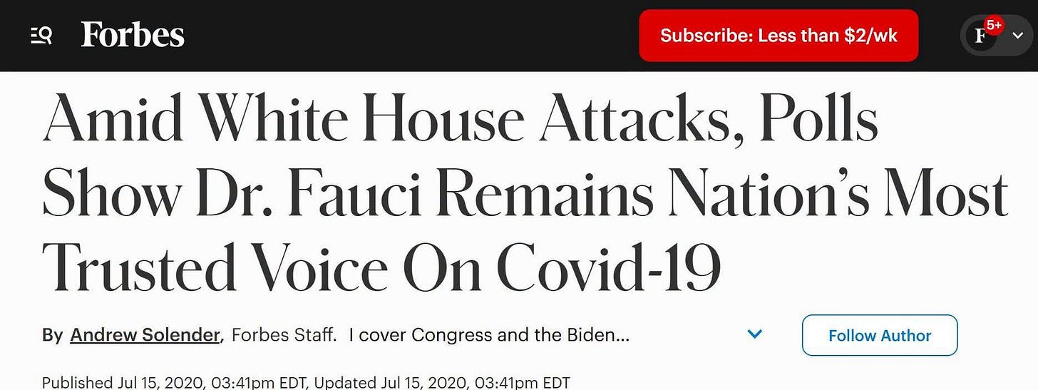 May be an image of text that says '트우 Forbes Subscribe: Less than $2/wk Amid White House Attacks, Polls Show Dr. Fauci Remains Nation's Most Trusted Voice On Covid-19 By Andrew Solender, Forbes Staff. cover Congress and the Biden... Published Jul 15, 2020, 03:41pm EDT, Updated Jul 15, 2020, 03:41pm EDT Follow Author' May be an image of text that says '트우 Forbes Subscribe: Less than $2/wk Amid White House Attacks, Polls Show Dr. Fauci Remains Nation's Most Trusted Voice On Covid-19 By Andrew Solender, Forbes Staff. cover Congress and the Biden... Published Jul 15, 2020, 03:41pm EDT, Updated Jul 15, 2020, 03:41pm EDT Follow Author'