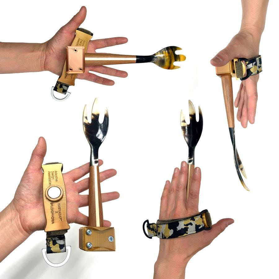 Four views of hands using adaptive utensils with camouflage-patterned straps, each fitted with a magnetic port that connects to a metal kitchen utensil.