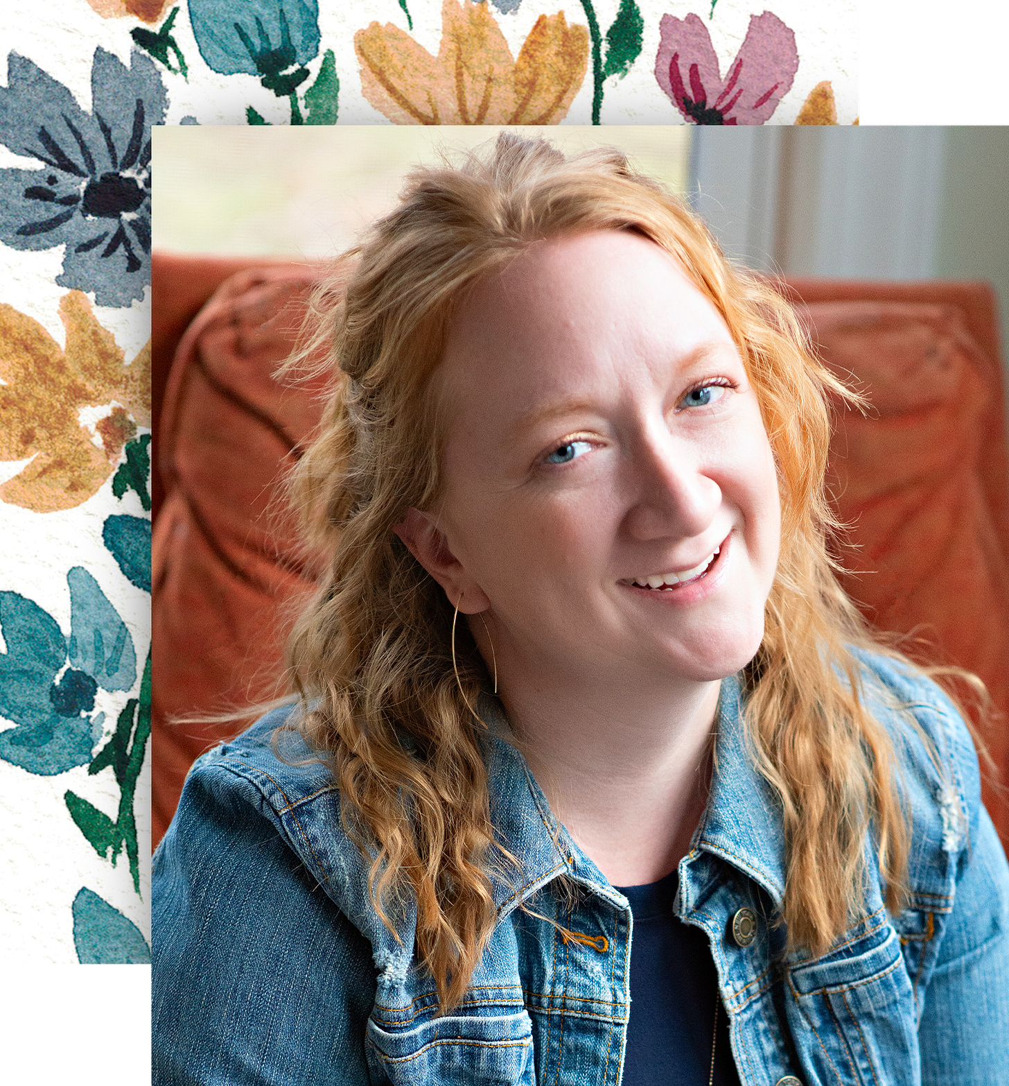 Sarah Steele Smiling with water color flowers as texture behind