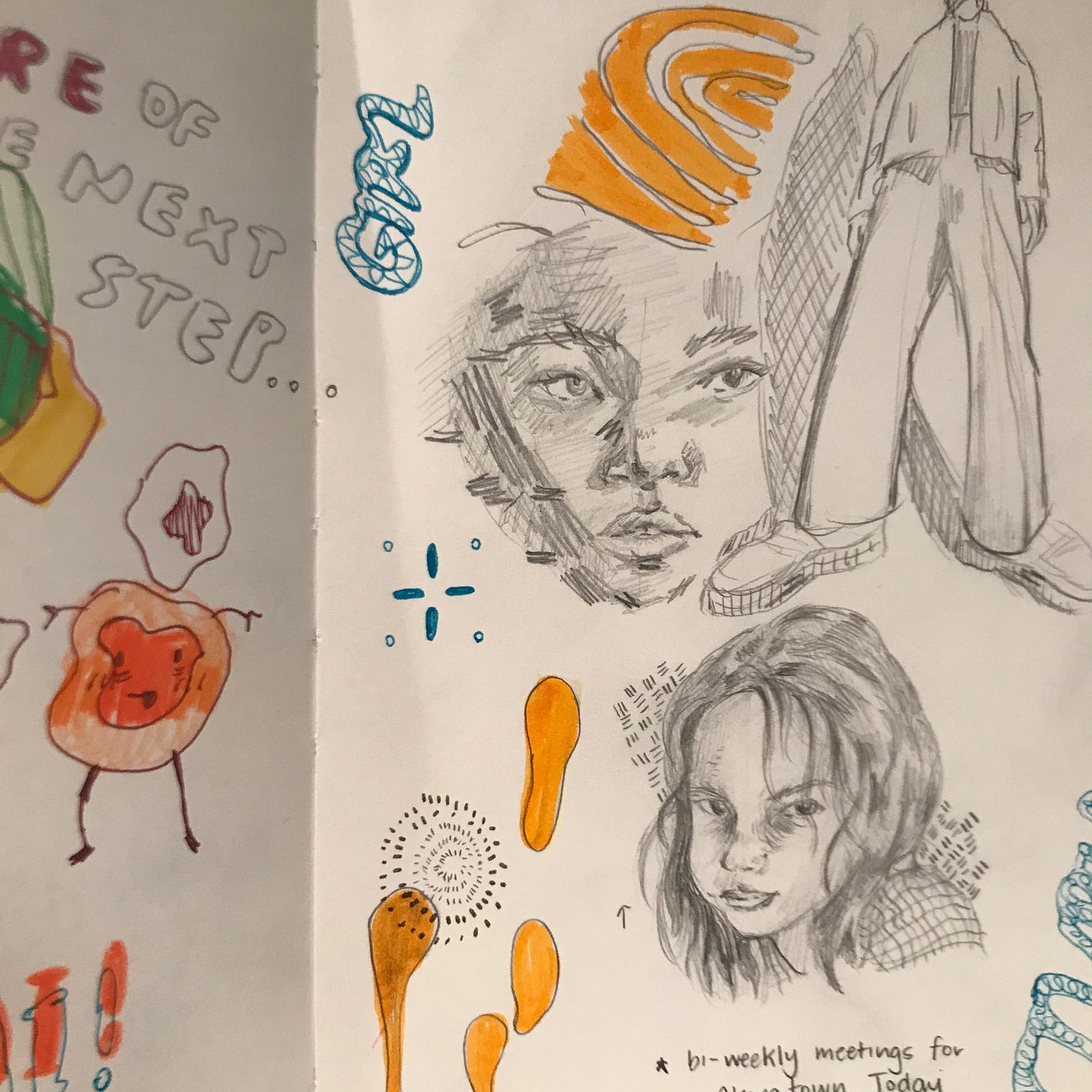 sketchbook page: yellow abstract shapes, pencil sketches of female faces, rough, stratchy lines