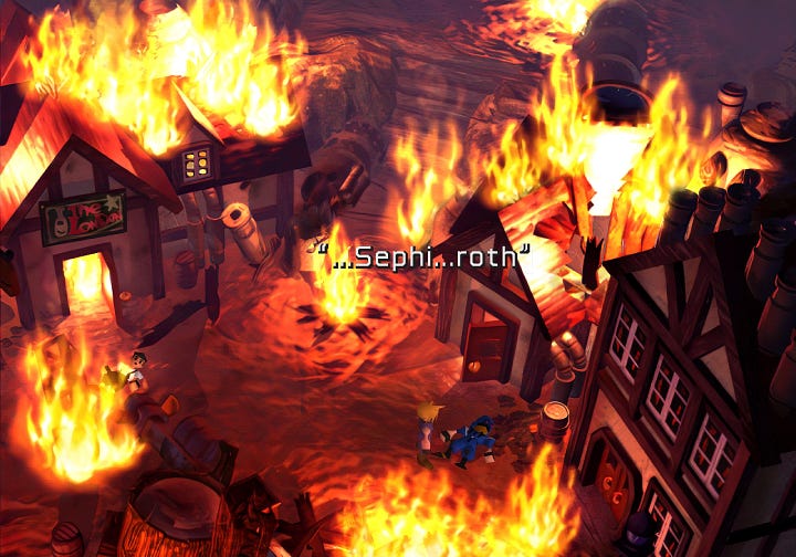 Cloud uttering "Sephi...roth" in the original and Crisis Core.