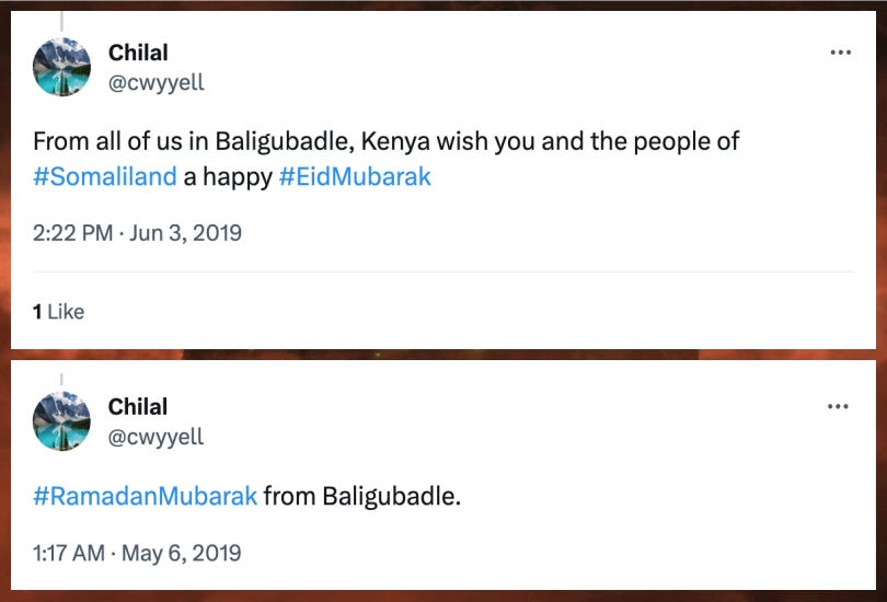@cwyyell tweets claiming to be currently located in Baligubadle, Somaliland @cwyyell tweets claiming to be currently located in Baligubadle, Somaliland