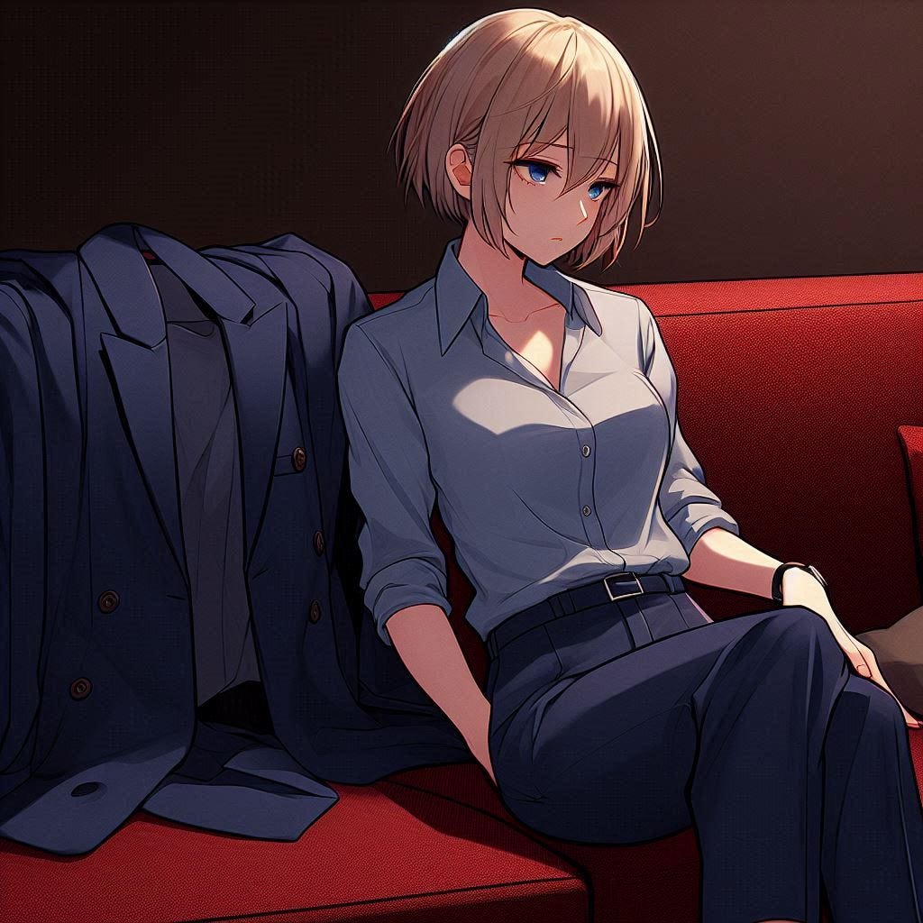 A young woman with short blonde hair and is wearing a light blue button up and navy blue suit pants with her matching navy blue suit jacket lying next to her on the red couch she is sitting neatly on while looking around the room for something to do in her dark apartment and she seems slightly depressed. anime art style. dark. modern.