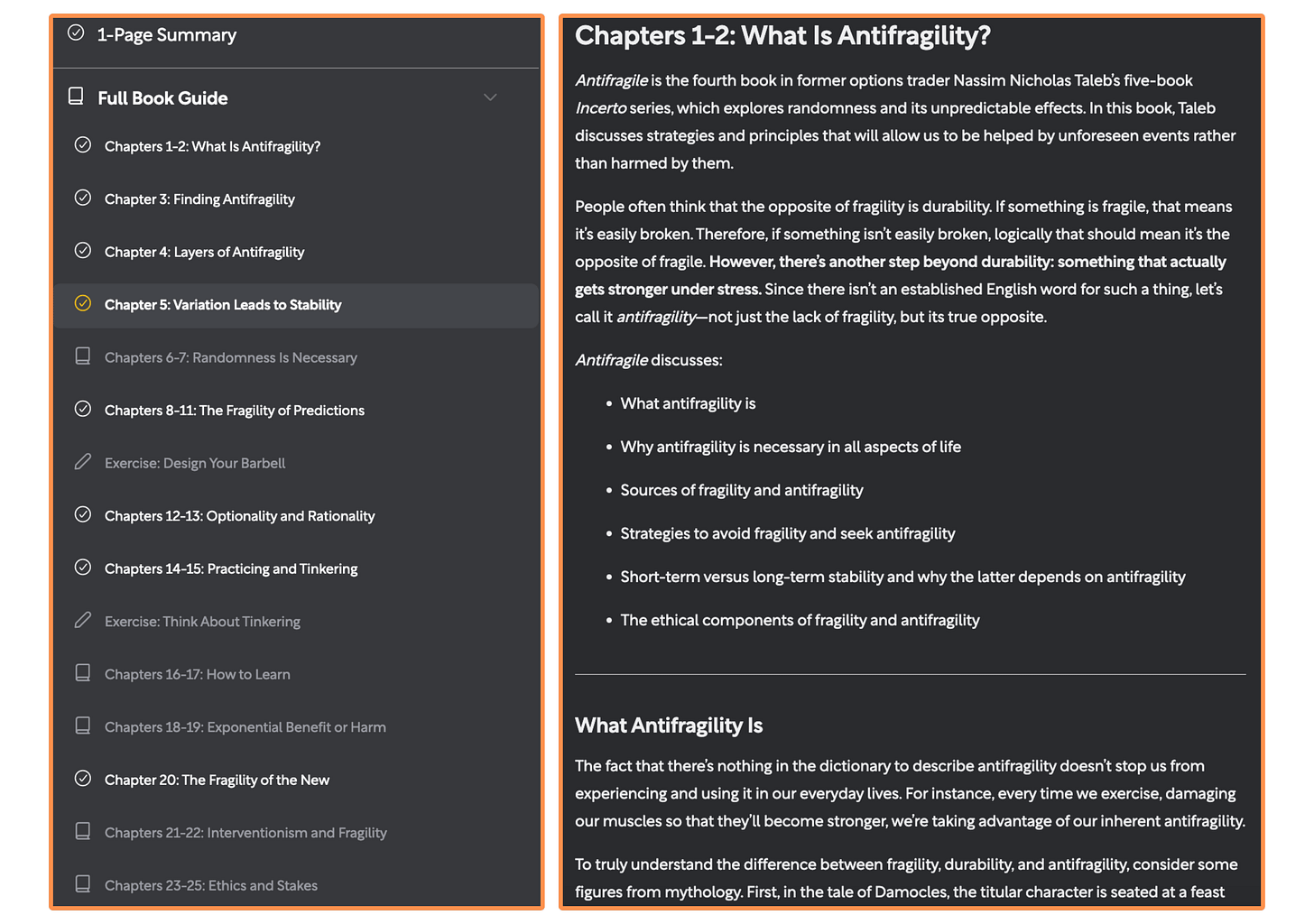 Shortform’s summary per chapter for the book Antifragile (desktop view + dark mode)