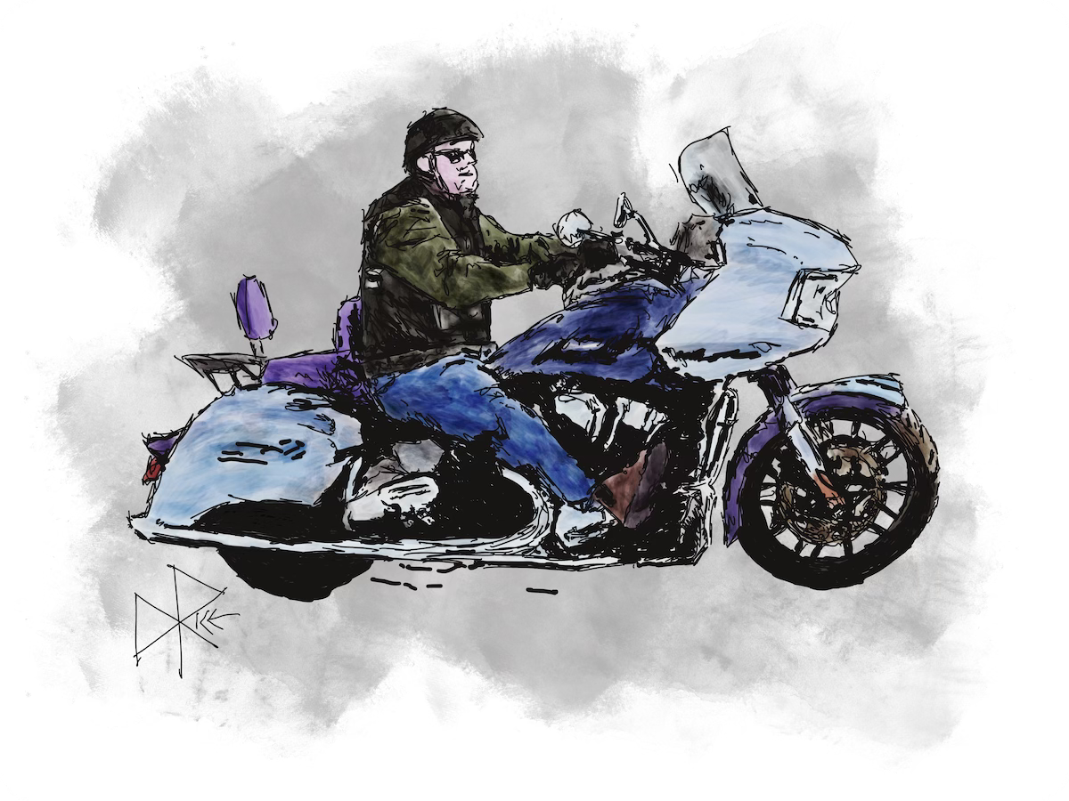 A man riding on a blue and purple motorcycle, looking happy to be on the road. Sketch art by Don Rice. A man riding on a blue and purple motorcycle, looking happy to be on the road. Sketch art by Don Rice.