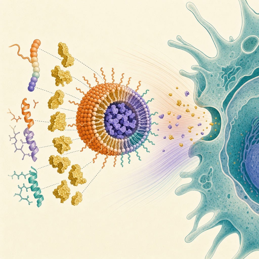 An exploded editorial biological illustration of one self-assembling VTP-1000 nanoparticle, with a precise peptide shell, embedded gluten-antigen fragments, and rapamycin cargo moving toward an antigen-presenting cell