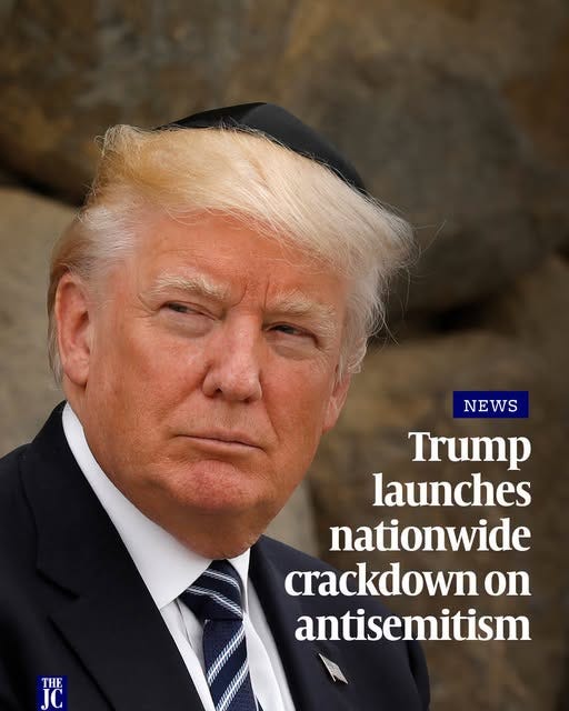 Man in suit with kippah, text reads: Trump launches nationwide crackdown on antisemitism.