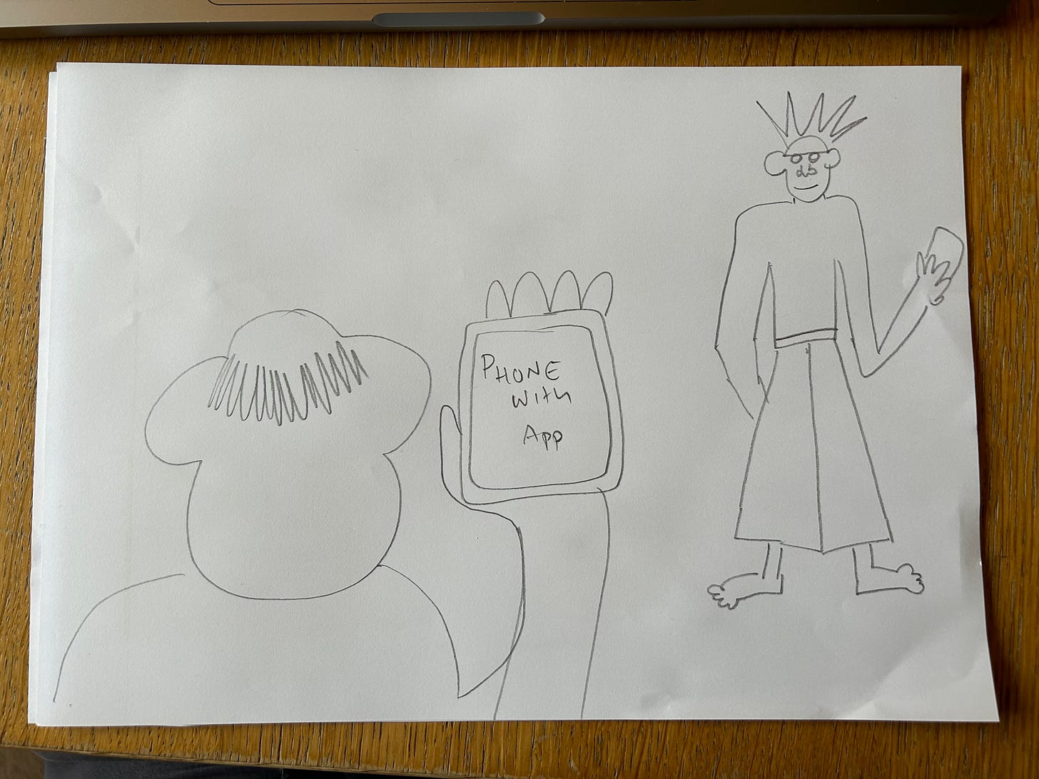 A real pencil drawing of a man holding a phone seen over his shoulder. In the distance is another man holding a phone, facing the camera.