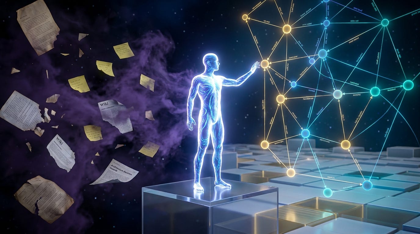 AI coding agent facing fragmented wiki documents on one side and a luminous typed knowledge graph on the other AI coding agent facing fragmented wiki documents on one side and a luminous typed knowledge graph on the other
