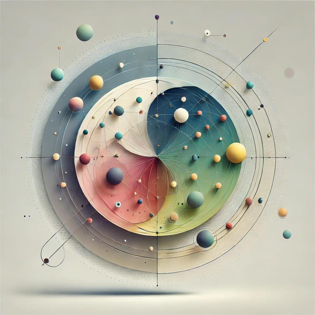 Abstract image of a multiple circles and spheres interacting. The color palette is cool, with purples, greys, rose and green. Abstract image of a multiple circles and spheres interacting. The color palette is cool, with purples, greys, rose and green.