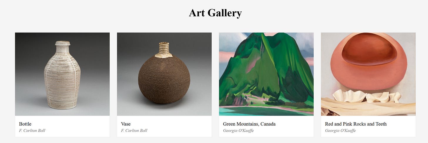 Screenshot showing art cards with images, titles, and artist names.