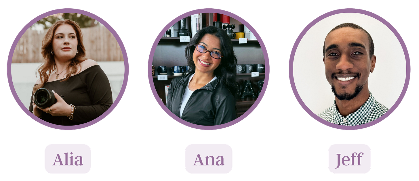 A team photo graphic featuring three circular headshots outlined in purple. From left to right: Alia stands outdoors holding a camera, wearing an off-the-shoulder black top with a confident expression. Ana smiles brightly in front of a wall of coffee mugs, wearing glasses and a black zip-up jacket. Jeff stands against a white background, wearing a green and white checkered shirt, smiling warmly at the camera. Below each photo is a name label: Alia, Ana, and Jeff. The image highlights the creative team behind AKay Marketing. A team photo graphic featuring three circular headshots outlined in purple. From left to right: Alia stands outdoors holding a camera, wearing an off-the-shoulder black top with a confident expression. Ana smiles brightly in front of a wall of coffee mugs, wearing glasses and a black zip-up jacket. Jeff stands against a white background, wearing a green and white checkered shirt, smiling warmly at the camera. Below each photo is a name label: Alia, Ana, and Jeff. The image highlights the creative team behind AKay Marketing.