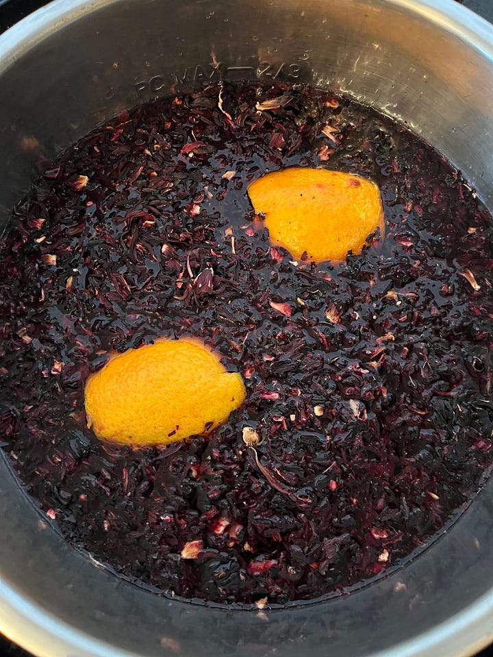 Hibiscus Tea concentrate, with cinnamon, orange peel, and ice.