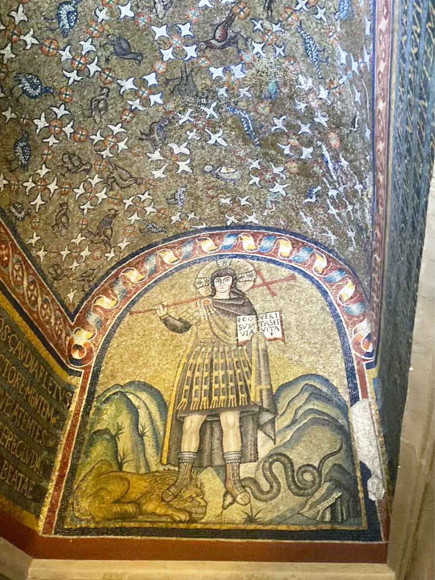 Photo of the mosaic of Cristo Guerriero in the Capella di Sant’Andrea in Ravenna, Italy