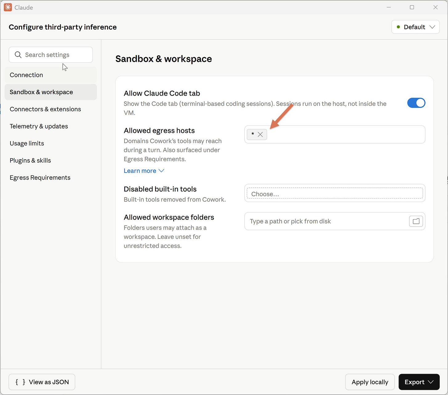 Cowork on P3: Sandbox & workspace configure "Allowed egress hosts"