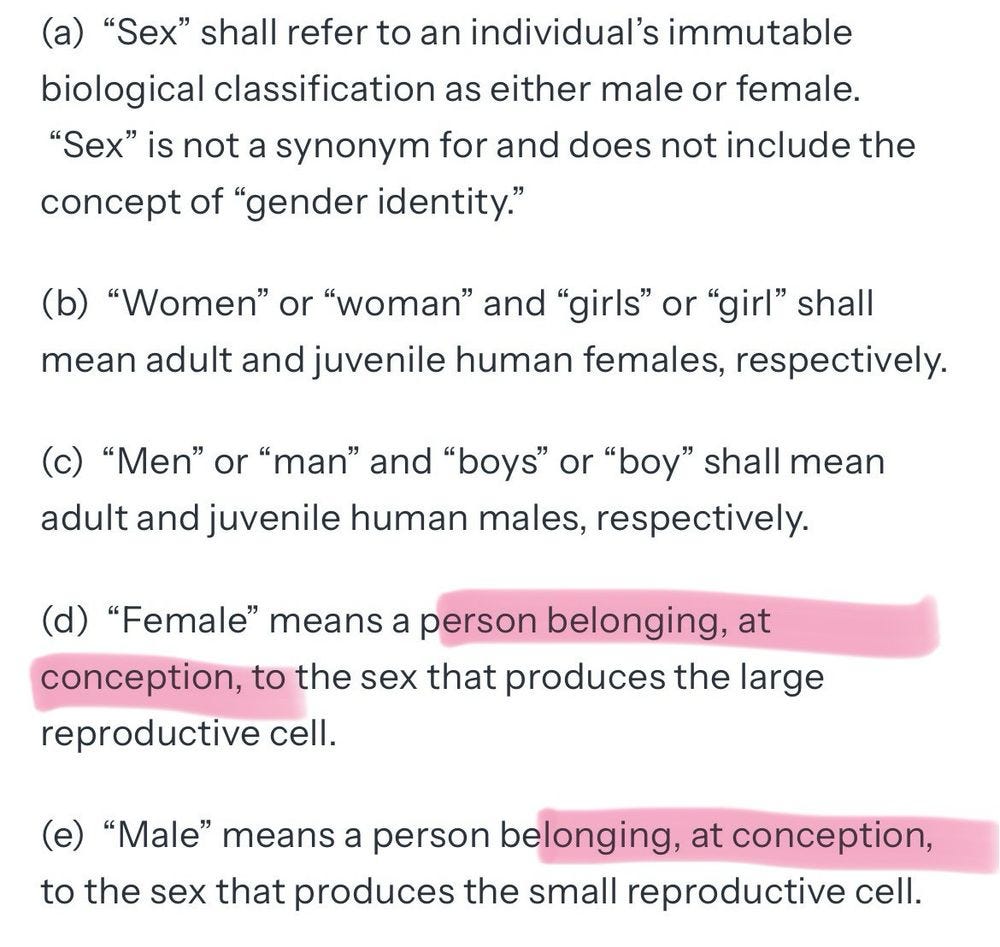 A screenshot of Donald Trump's transphobic executive order, declaring a person's gender to be based on their status at conception.