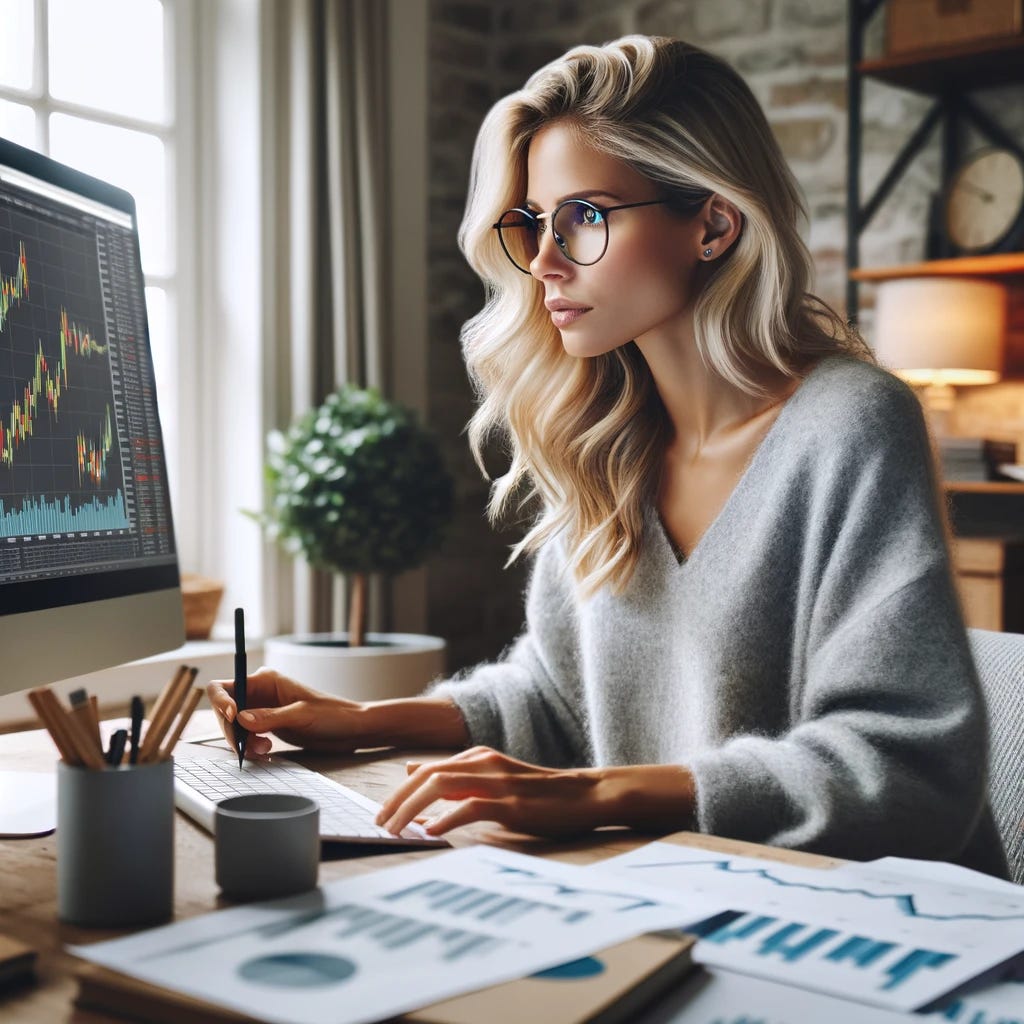 A focused, blonde woman sitting in front of her computer, analyzing charts and data on the screen. She's in a well-lit, modern home office, surrounded by financial books and notes. She's wearing casual but smart attire, perhaps a comfortable yet stylish sweater and glasses perched on her nose. The office is neat, with a large window letting in natural light, highlighting her concentration and the seriousness with which she approaches her stock analysis. The environment suggests a blend of comfort and professionalism, capturing the essence of working from home efficiently.