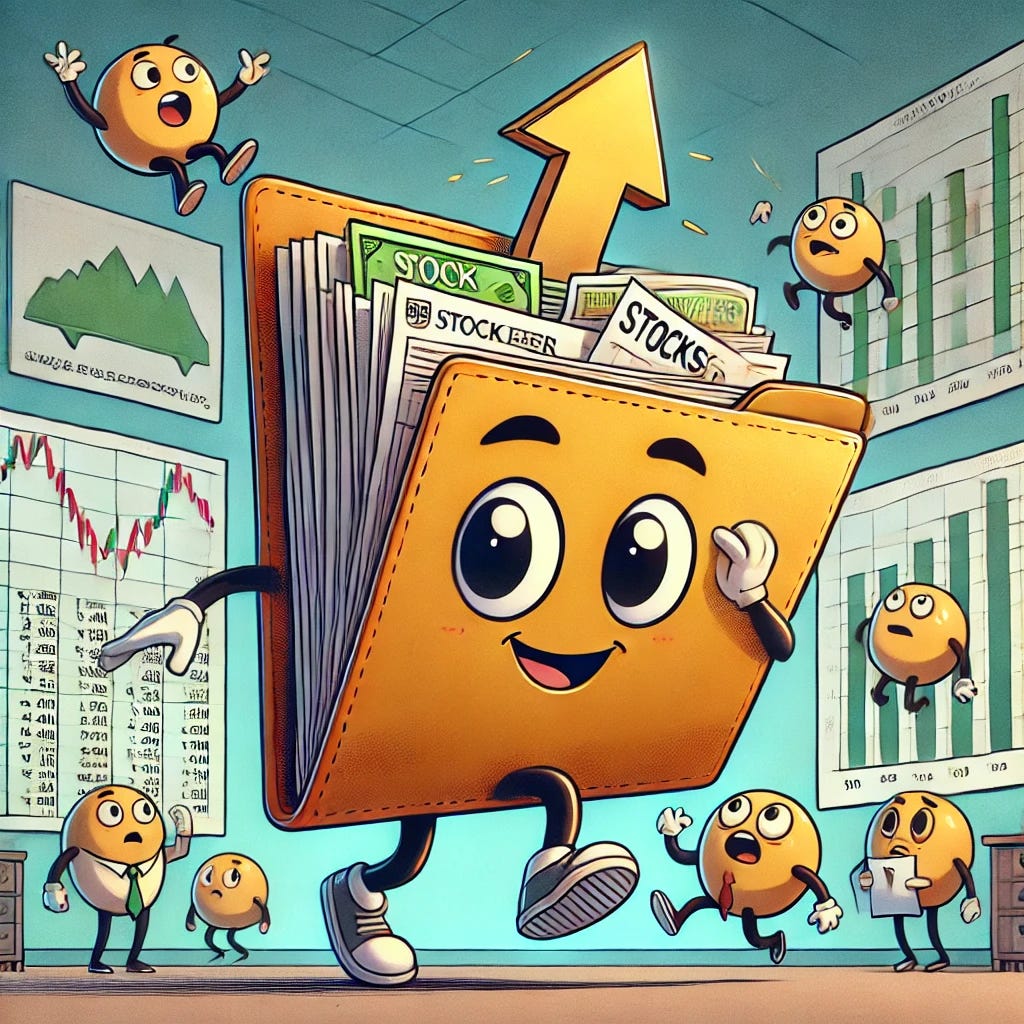 A comic strip in a single panel illustrating a stock portfolio represented as a physical folder or binder bursting with various stock certificates and financial charts. The portfolio character has eyes and a smile, appearing confident. Surrounding it are smaller characters symbolizing individual stocks: some with upward arrows showing gains and others with downward arrows showing losses. One of the stocks is depicted with a golden glow to represent a standout performer, while another looks worried as its value drops. The setting is a friendly financial office with a background that includes stock charts on the walls. The tone should be lighthearted and expressive, showcasing the dynamic nature of a stock portfolio.