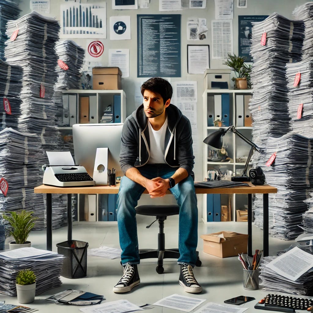A tech founder, dressed in casual startup attire like jeans and a hoodie, sitting in a modern office filled with gadgets and coding equipment. He looks frustrated and stressed as he deals with a large pile of paperwork on his desk, symbolizing government regulations and bureaucracy. Behind him, there are tall, looming stacks of paper and forms, with symbols like seals and stamps to represent red tape. The atmosphere is tense, contrasting the dynamic, innovative environment of a tech startup with the burdensome, slow-moving nature of governmental processes.
