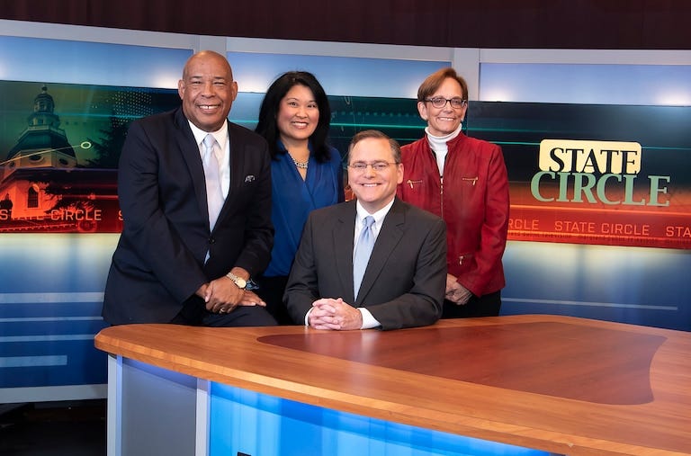 The MPTState Circle team in 2019. Left to right standing: reporters Charles Robinson, Nancy Yamada, Sue Kopen Katcef. Sitting: host Jeff Salkin.