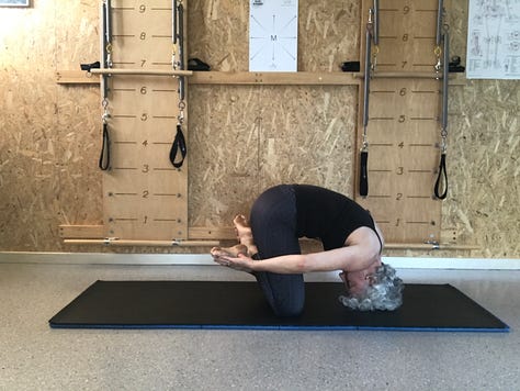 nine photos with a white haired woman in exercise clothing doing each of the Pilates exercises listed in the email