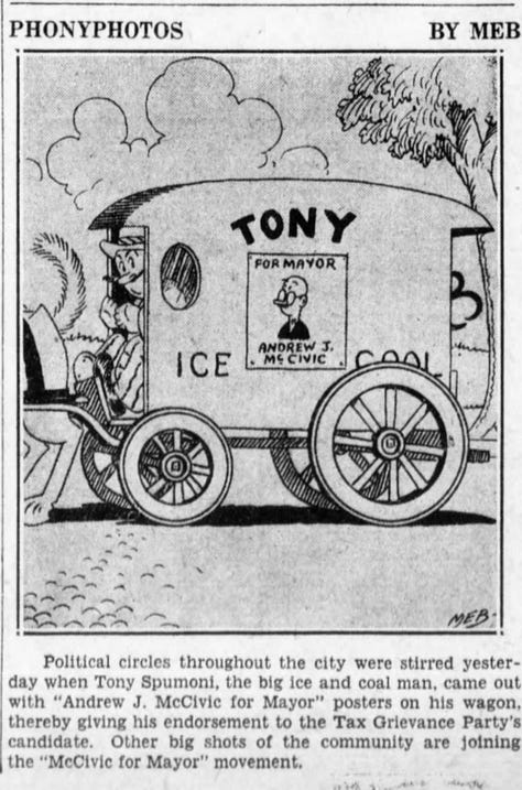 Images show a series of cartoons from the Brooklyn Daily Eagle featuring a civic worker named Andrew J. McCivic.