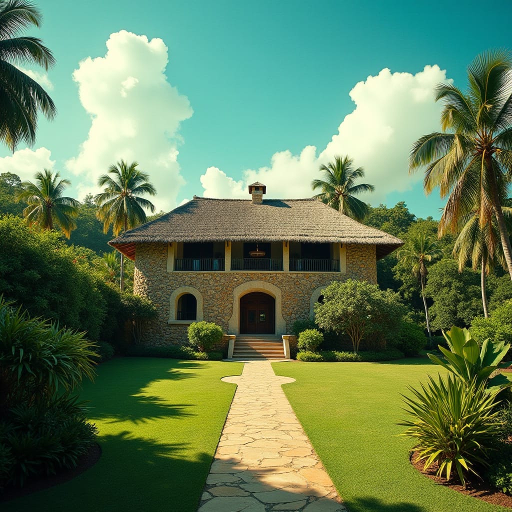 Elegant Jamaican estate with a traditional thatched roof, surrounded by lush tropical greenery, set against a vibrant turquoise sky with puffy white clouds, warm sunlight casting a golden glow, long shadows stretching across the property's rustic stone walls and manicured lawns, evoking a sense of serene luxury.