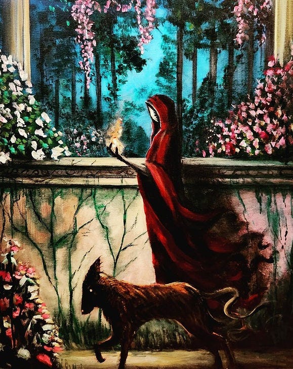 A hooded figure in a red cloak holds a flame beside a dark animal. Floral garden with hanging blossoms and trees in the background. Mysterious mood. A hooded figure in a red cloak holds a flame beside a dark animal. Floral garden with hanging blossoms and trees in the background. Mysterious mood.