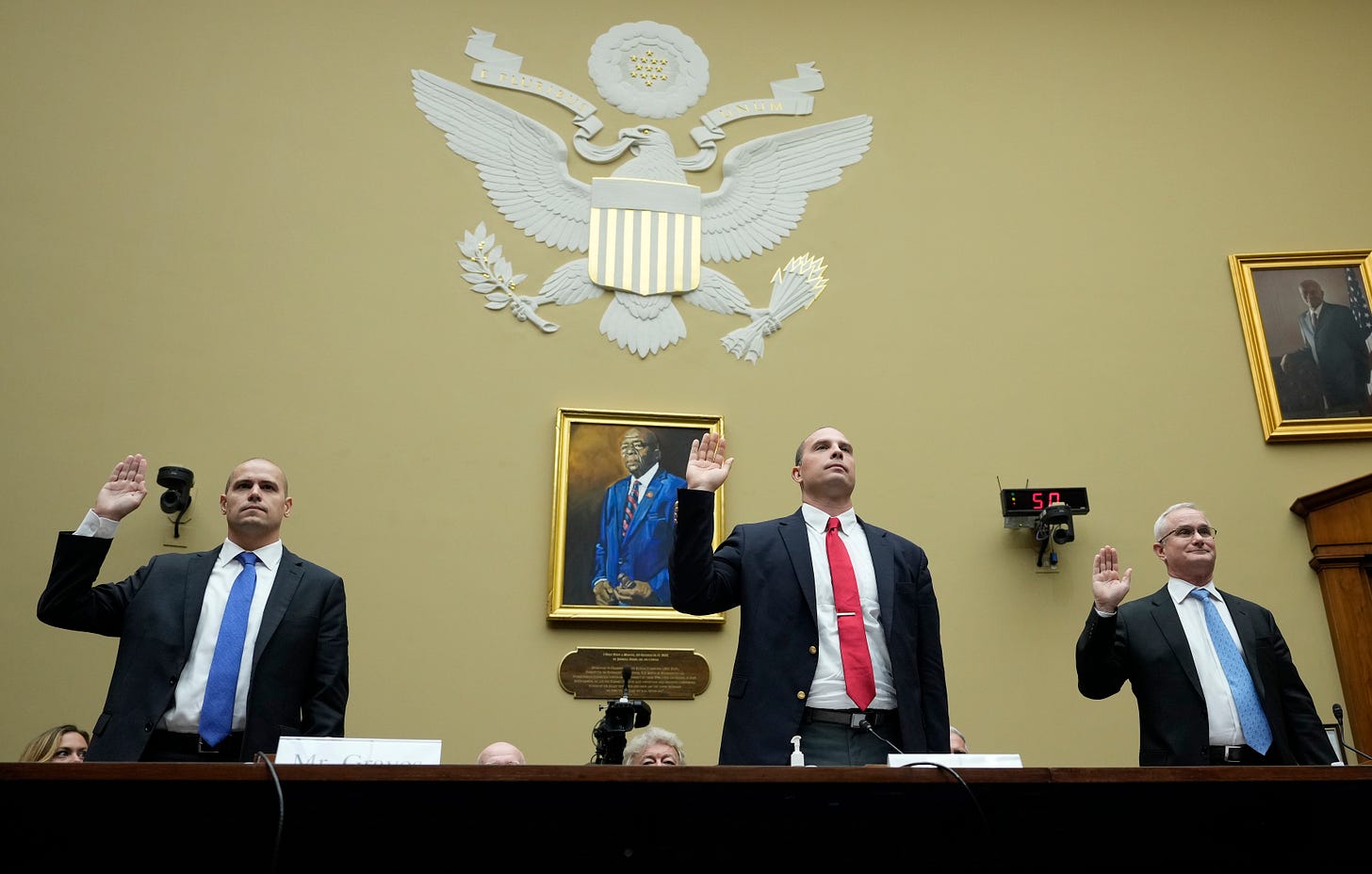Witnesses swearing in at House Oversight Committee hearing, July 26 (Drew Angerer via Getty Images). Witnesses swearing in at House Oversight Committee hearing, July 26 (Drew Angerer via Getty Images).
