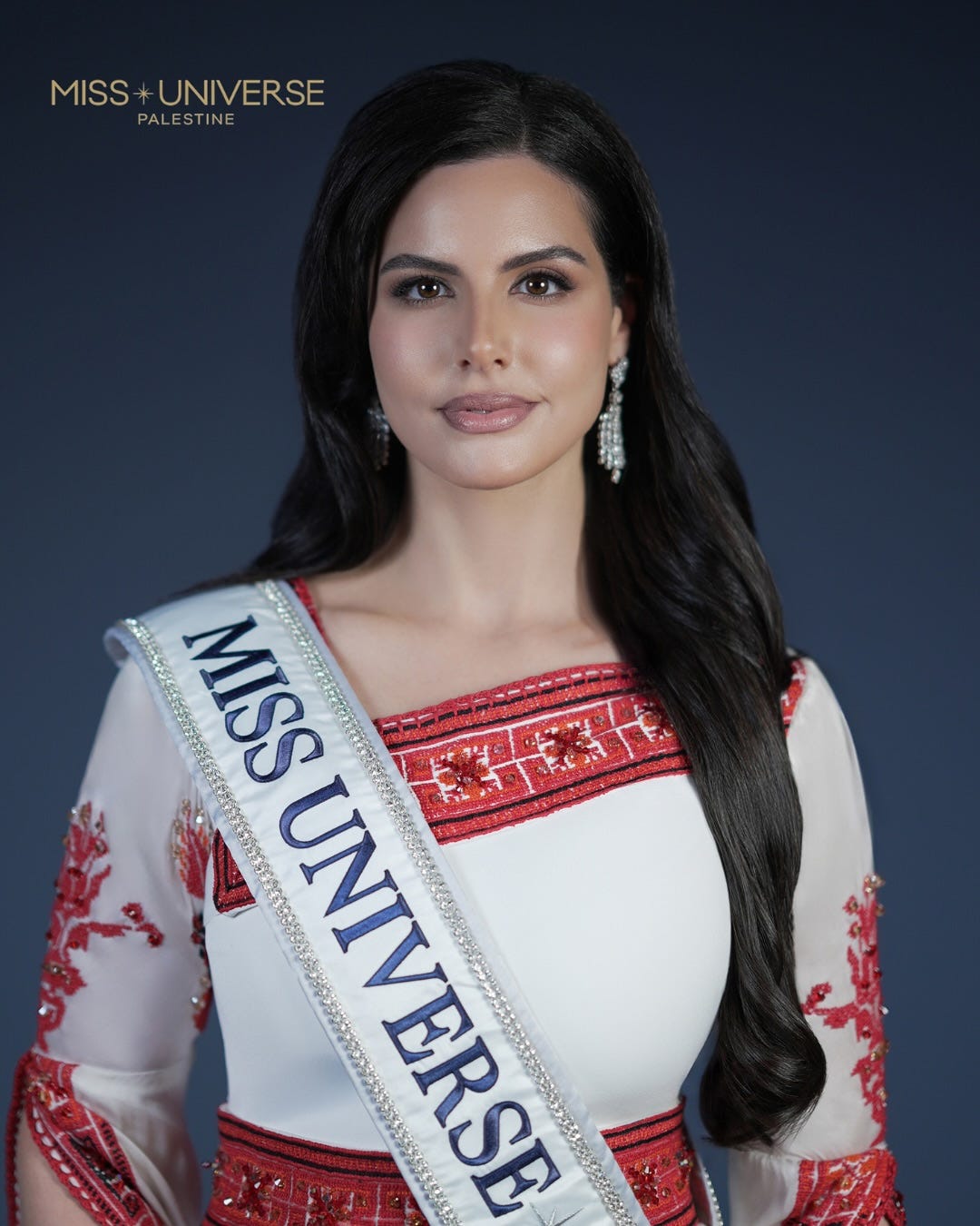 May be an image of 1 person and text that says "MISS *UNIVERSE PALESTINE PALEST MISS+UNIVERSE INE MISS UNIVI UNIVERSE អអអអ"