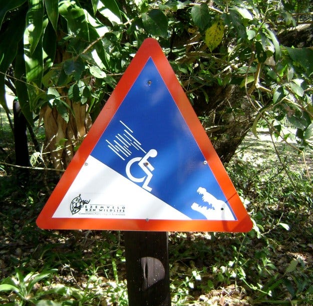 Yes, this is a warning sign that your wheelchair might roll into a pit of crocodiles. Yes, this is a warning sign that your wheelchair might roll into a pit of crocodiles.