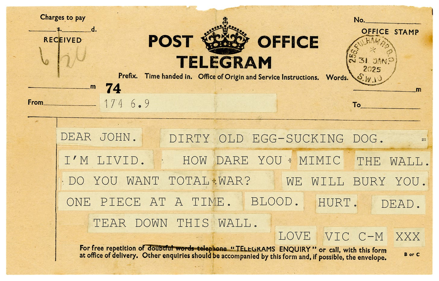 The telegram puzzle from the last edition.  Go there for a full transcription.