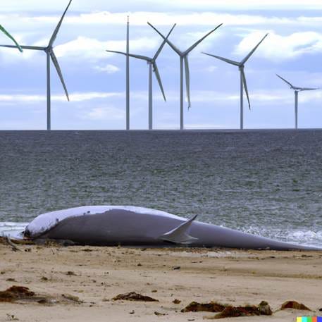 A whale on the beach with wind turbines in the background

AI-generated content may be incorrect.