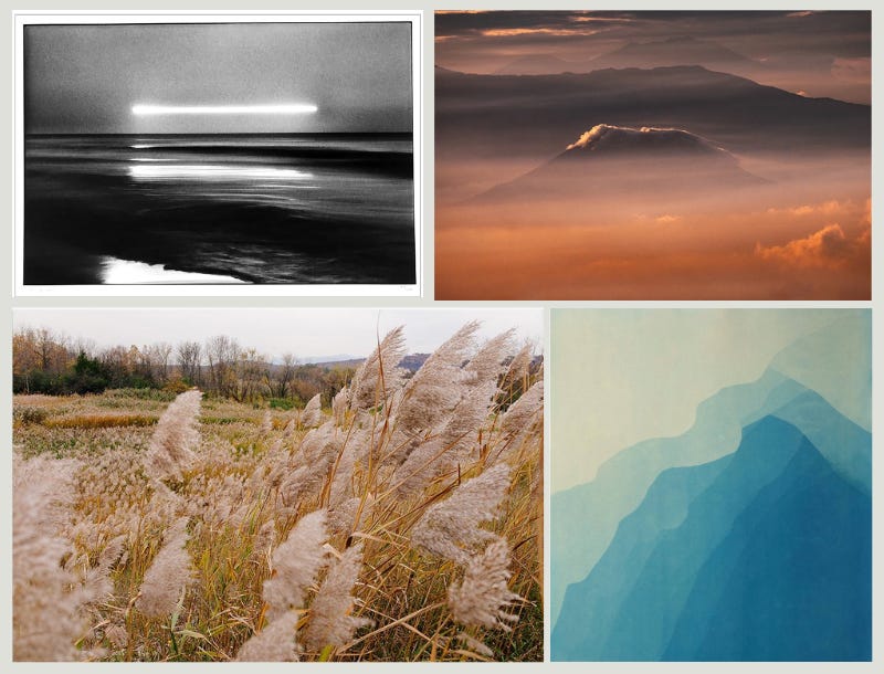 Collage of four shoppable artworks inspired by nature, including black and white vintage photograph of the sea, hazy volcanic island in the sea, layered blue sunrise in the mountains, and fields in hudson valley. Collage of four shoppable artworks inspired by nature, including black and white vintage photograph of the sea, hazy volcanic island in the sea, layered blue sunrise in the mountains, and fields in hudson valley.