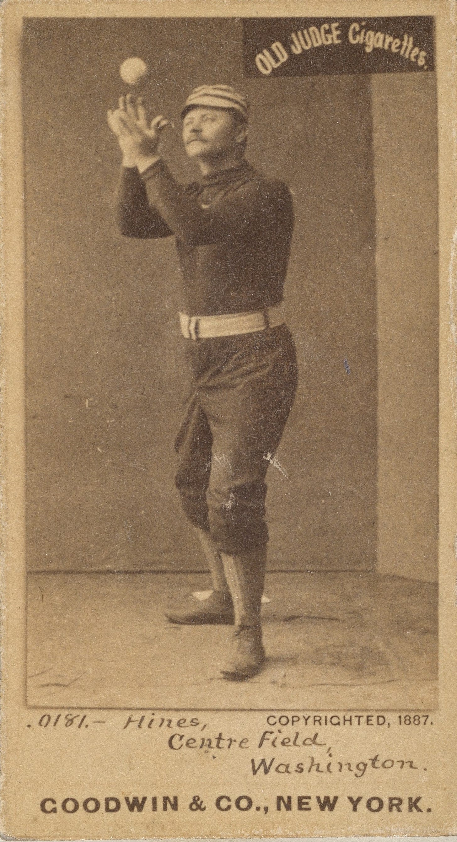 Paul Hines posing while catching a ball in 1887 baseball card. Paul Hines posing while catching a ball in 1887 baseball card.