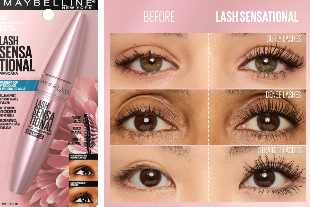A product display of Maybelline Lash Sensational Waterproof Mascara in pink packaging next to "before and after" close-ups of curly, dense, and straight lashes demonstrating the fanning effect.