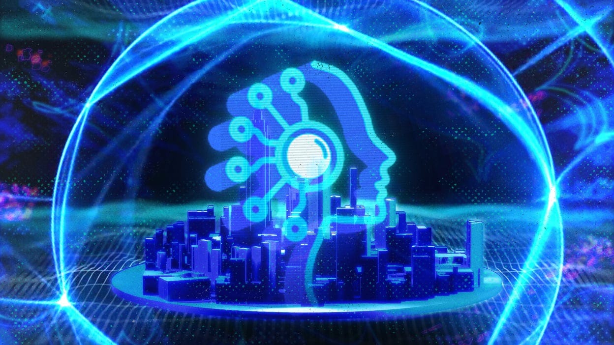 An illustration of a city surrounded by a glowing bubble. A neon, futuristic head floats above it. An illustration of a city surrounded by a glowing bubble. A neon, futuristic head floats above it.