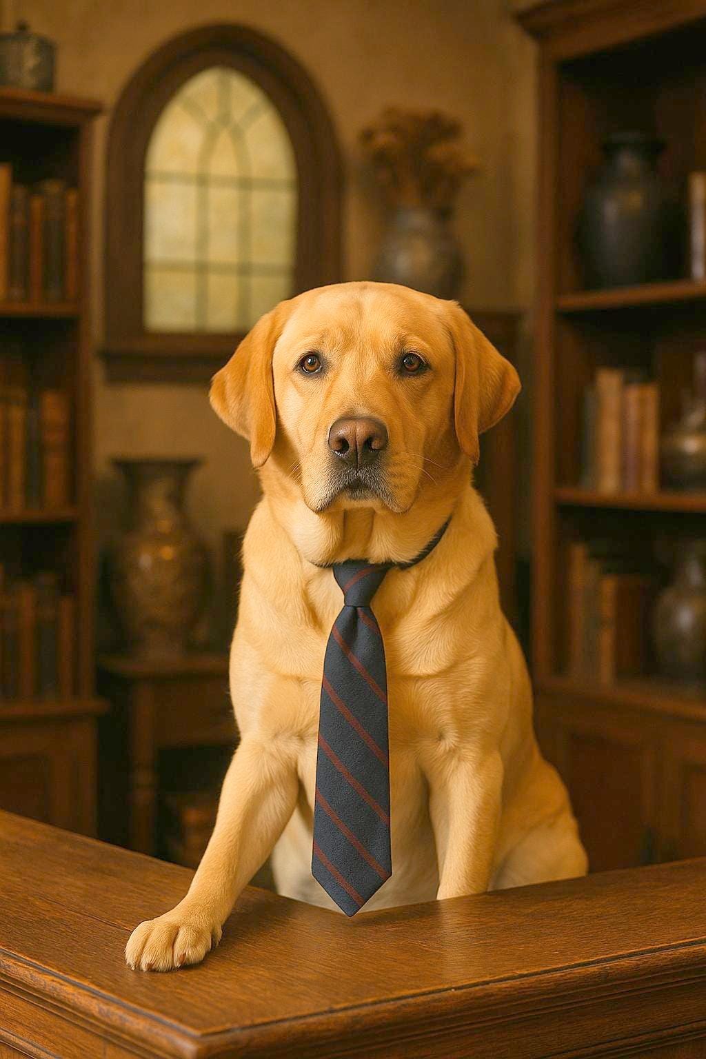 A large golden Labrador retriever sits proudly at the counter of an antique shop, wearing a slightly crooked necktie. Behind him, shelves of old books and vases glow softly in the light from a church-style window.