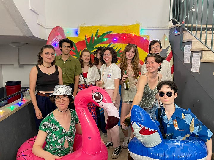 Us Cambridge students with our French friends dressed in summer outfits for the beach party