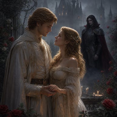 Sergei and Tatyana courting in a Barovian garden, Sergei radiant and gentle, Tatyana luminous and smiling, their hands brushing softly; in the misted background, Strahd stands brooding in dark armor, watching them with shadowed intensity; original faces, no resemblance to real people; Barovian Gothic atmosphere with fog, candlelight, and looming stone