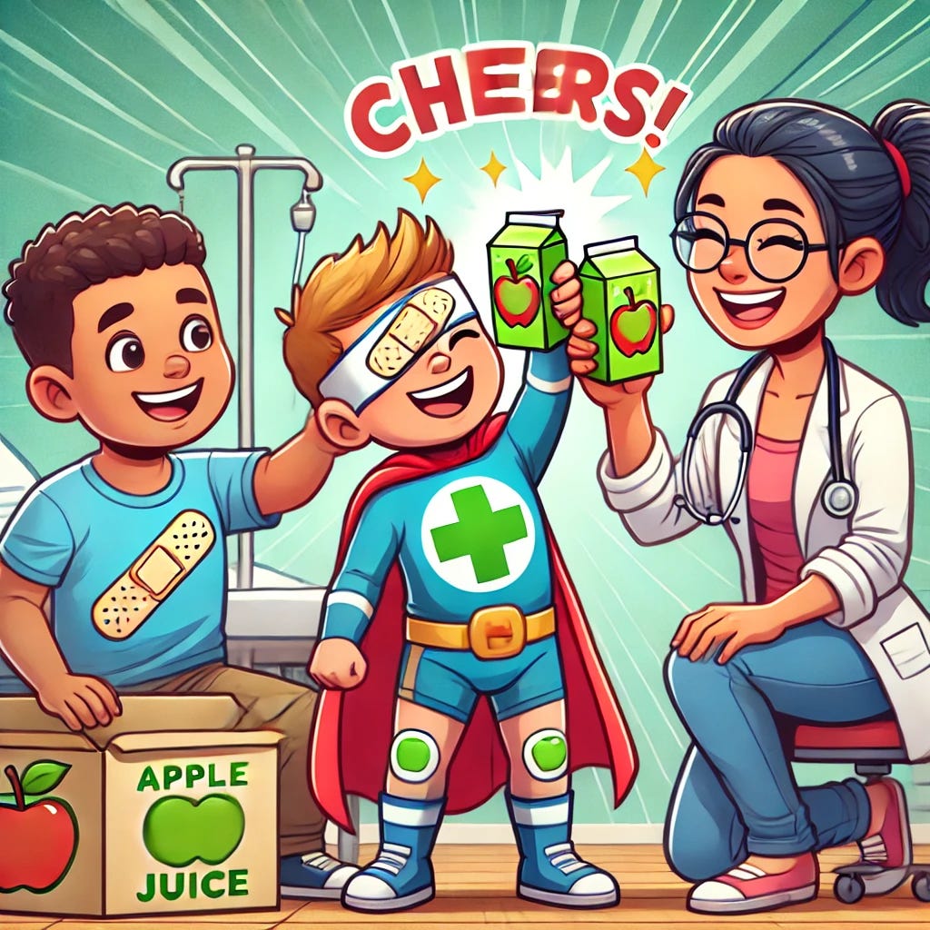 A fun, cartoon-style scene of a superhero paediatric healthcare professional bumping apple juice boxes with a smiling child patient and their happy parent. All three characters are in a cheerful clinic setting. The superhero wears a colourful costume with band-aid symbols and a medical cross, the child is dressed casually with a plaster on their knee, and the parent is casually dressed and smiling. They're all clinking their juice boxes together in celebration. The tone is playful and uplifting, with sparkles or stars to highlight the 'cheers' moment.