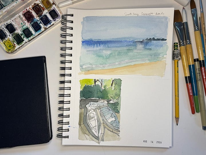 Two sketches, one pen and ink, the other neocolor ii pastel