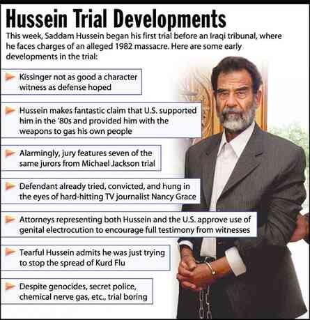 [Image shows a satirical infographic titled "Hussein Trial Developments" with the preamble "This week, Saddam Hussein began his first trial before an Iraqi tribunal, where he faces charges of an alleged 1982 massacre. Here are some early developments in the trial:" followed by bulleted points and a photo of Saddam Hussein]  Kissinger not as good a character witness as defense hoped; Hussein makes fantastic claim that U.S. supported him in the '80s and provided him with the weapons to gas his own people; Alarmingly, jury features seven of the same jurors from Michael Jackson trial; Defendant already tried, convicted, and hung in the eyes of hard-hitting TV journalist Nancy Grace; Attorneys representing both Hussein and the U.S. approve use of genital electrocution to encourage full testimony from witnesses; Tearful Hussein admits he was just trying to stop the spread of Kurd Flu; Despite genocides, secret police, chemical nerve gas, etc., trial boring