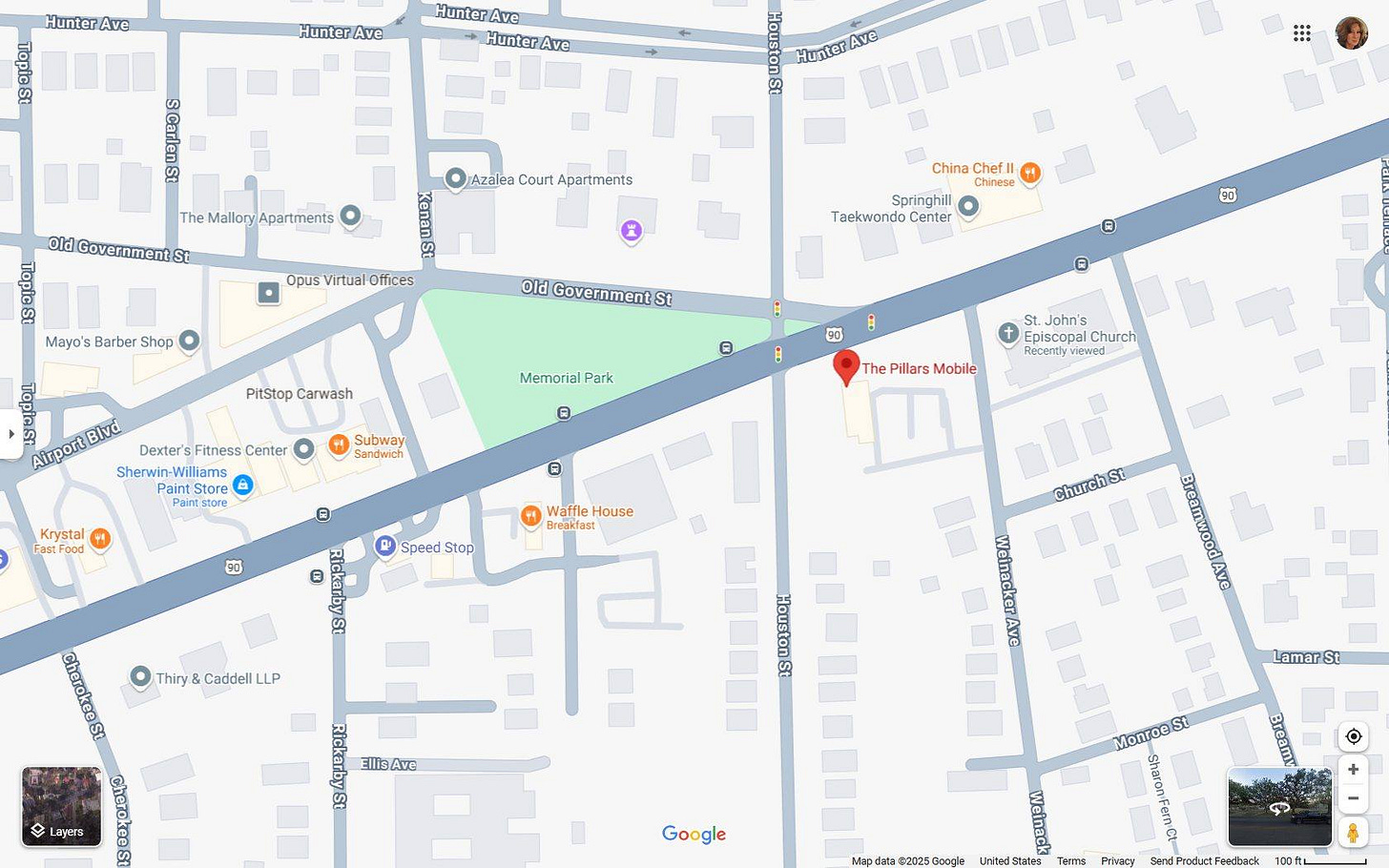 May be an image of map and text that says 'HunterAve Hunter HunterAve rsen 圖 So HunterAve Hunter Ave The Mallory Apartments Governmentsr Azalea Court Apartments trede Opus Virtual Offices Mayo's Barber Shop China ChefIl Chinese Springhill Taekwondo Center Pld GovernmentSi 20 E PitStop Carwash e Memorial Park 80 : AlrportBIVe Fitness Center Sherwin- Williams Paint Store aintStore OE stOre Subway Sandwich @ Krystal The Pillars Mobile John's Episcopal Church Hecenth だのせ！ 电 Waffle WaffleHouse House Breakfast Speed Stop Rickarby ChurchSt St Thiry Caddell LP Cherokeest Layers Cherokeest EllisAve Ave HoustonSt BreamwoodAve BreamwoodAve LamarSt Google gle MontoeSt o Breamy'